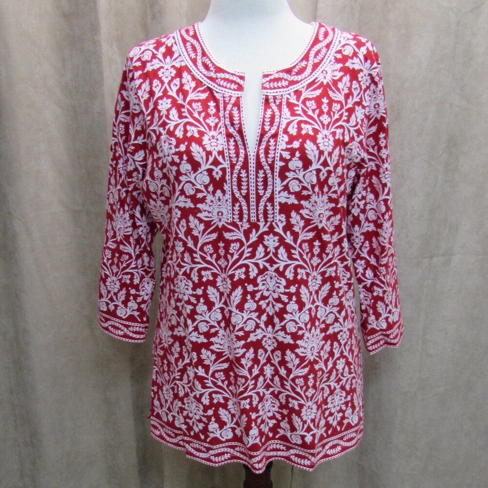 Talbots Vintage 100% Soft Cotton Red/White Floral Tunic Top XL